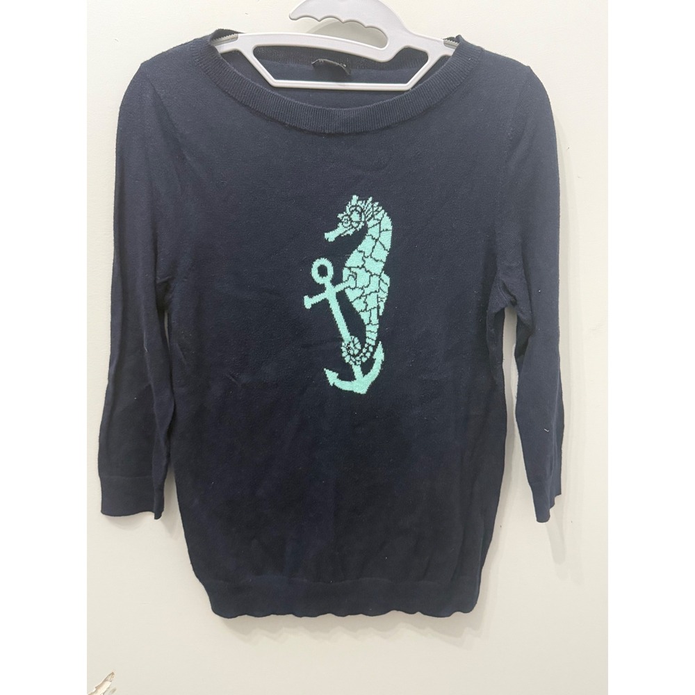 Talbots Petites Mp Navy Blue Seahorse Anchor Intarsia Knit 3/4 Sleeve Sweater